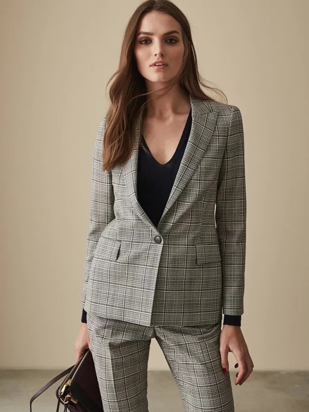 Reiss • Alenna Slim Fit Tailored Single Breasted Blazer Black White Plaid Check